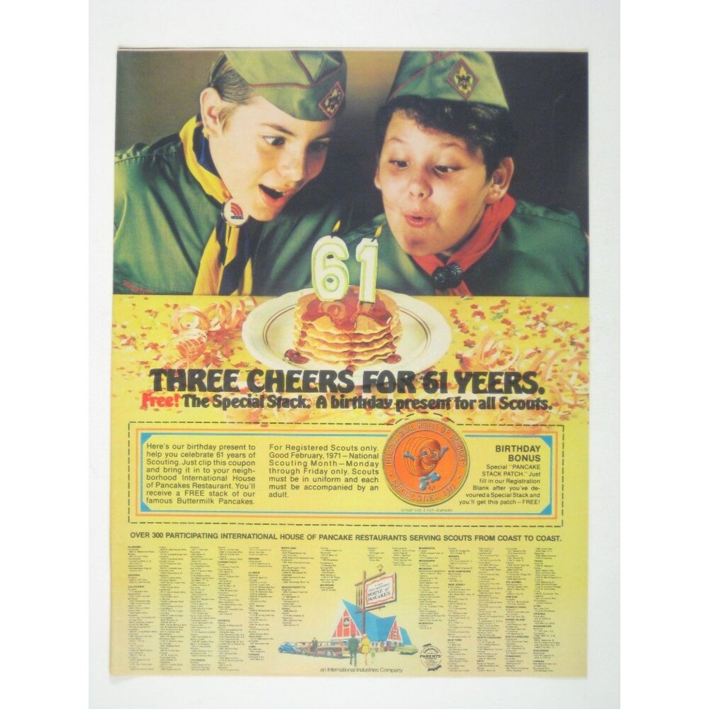 Three Cheers For 61 Years IHOP Print Advertisement Scouting Promo February 1971